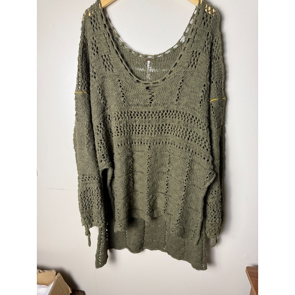 Free People Olive Green Belong to You Tunic Open Knit Sweater Womens L Boho